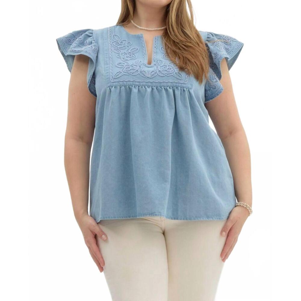 NEW ENTRO solid split neck flutter sleeve top - p… - image 1